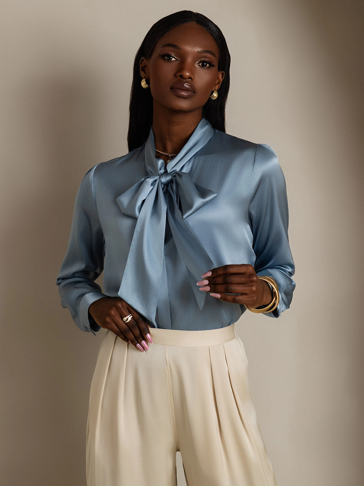 19 Momme Silk Tie Neck Long-sleeved Shirt