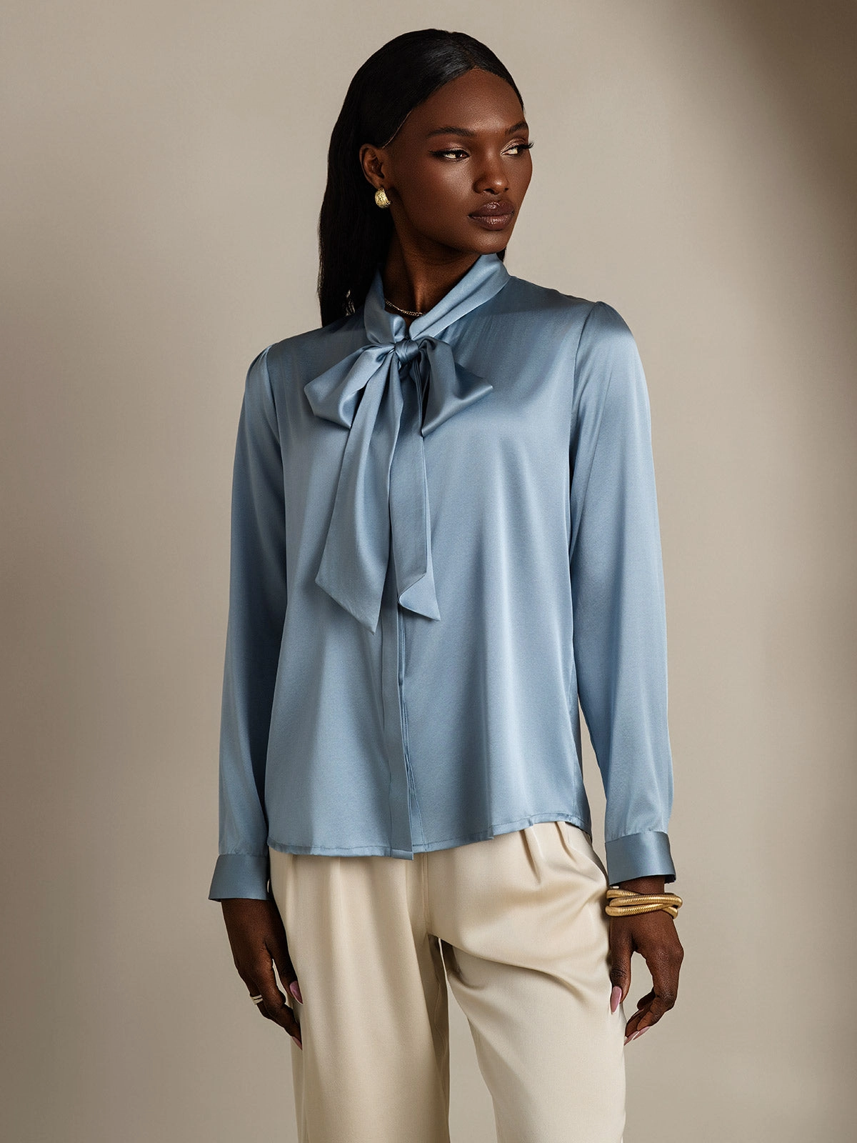 19 Momme Silk Tie Neck Long-sleeved Shirt