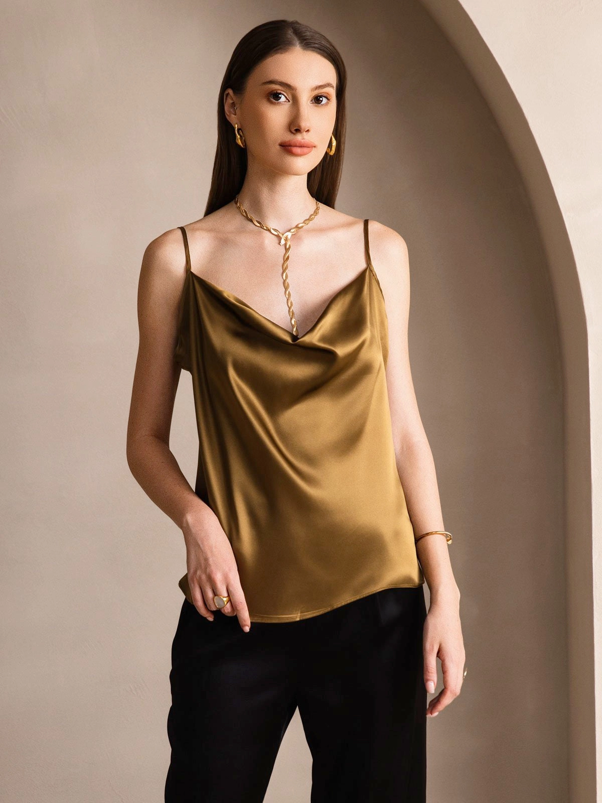 19Momme Silk Cowl Neck Spaghetti Strap Camisole Top