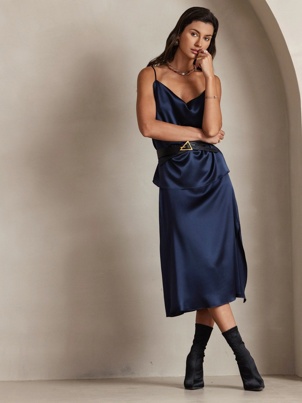 19Momme Silk Cowl Neck Spaghetti Strap Camisole Top