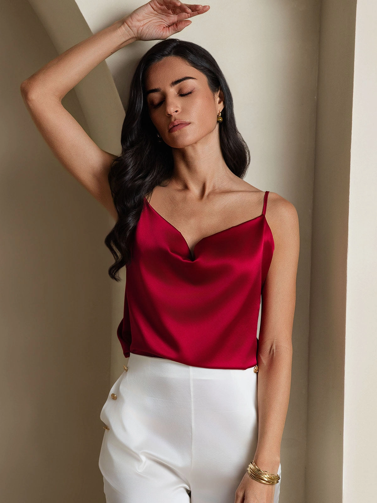 19Momme Silk Cowl Neck Spaghetti Strap Camisole Top