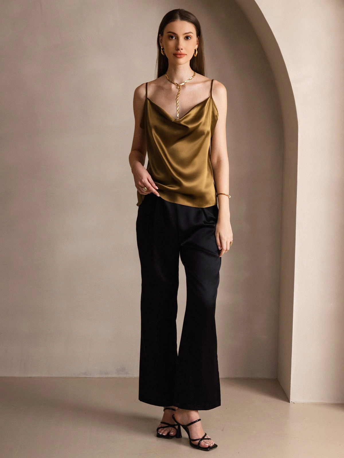 19Momme Silk Cowl Neck Spaghetti Strap Camisole Top