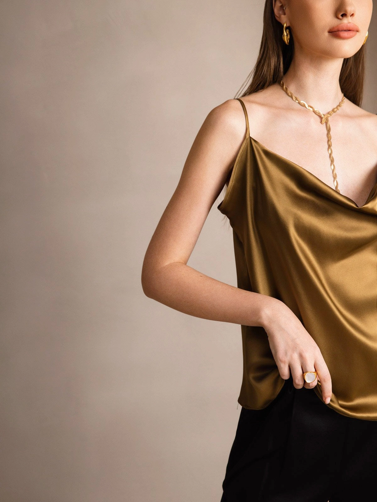 19Momme Silk Cowl Neck Spaghetti Strap Camisole Top
