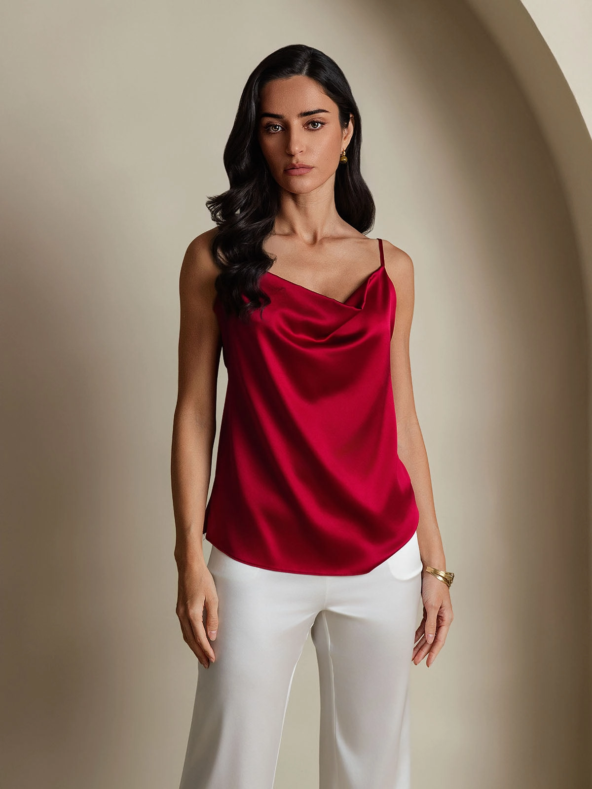 19Momme Silk Cowl Neck Spaghetti Strap Camisole Top
