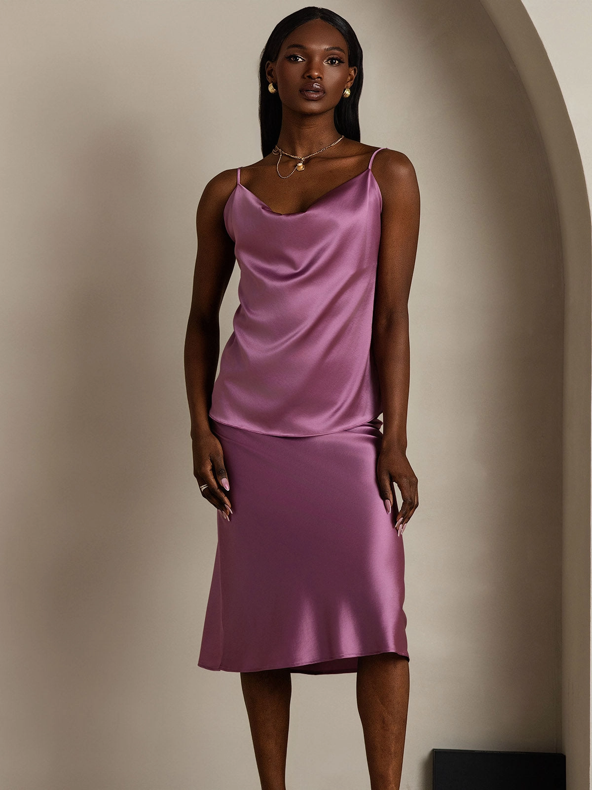 19Momme Silk Cowl Neck Spaghetti Strap Camisole Top