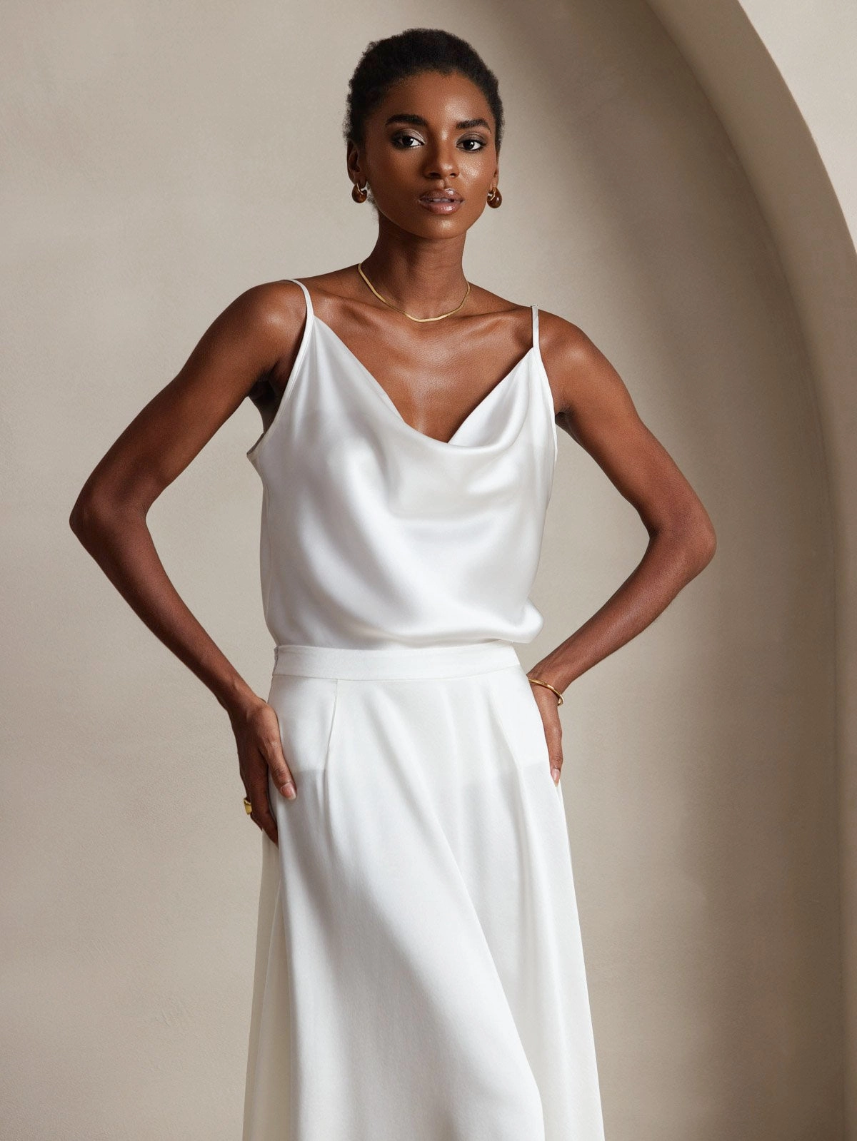 19Momme Silk Cowl Neck Spaghetti Strap Camisole Top