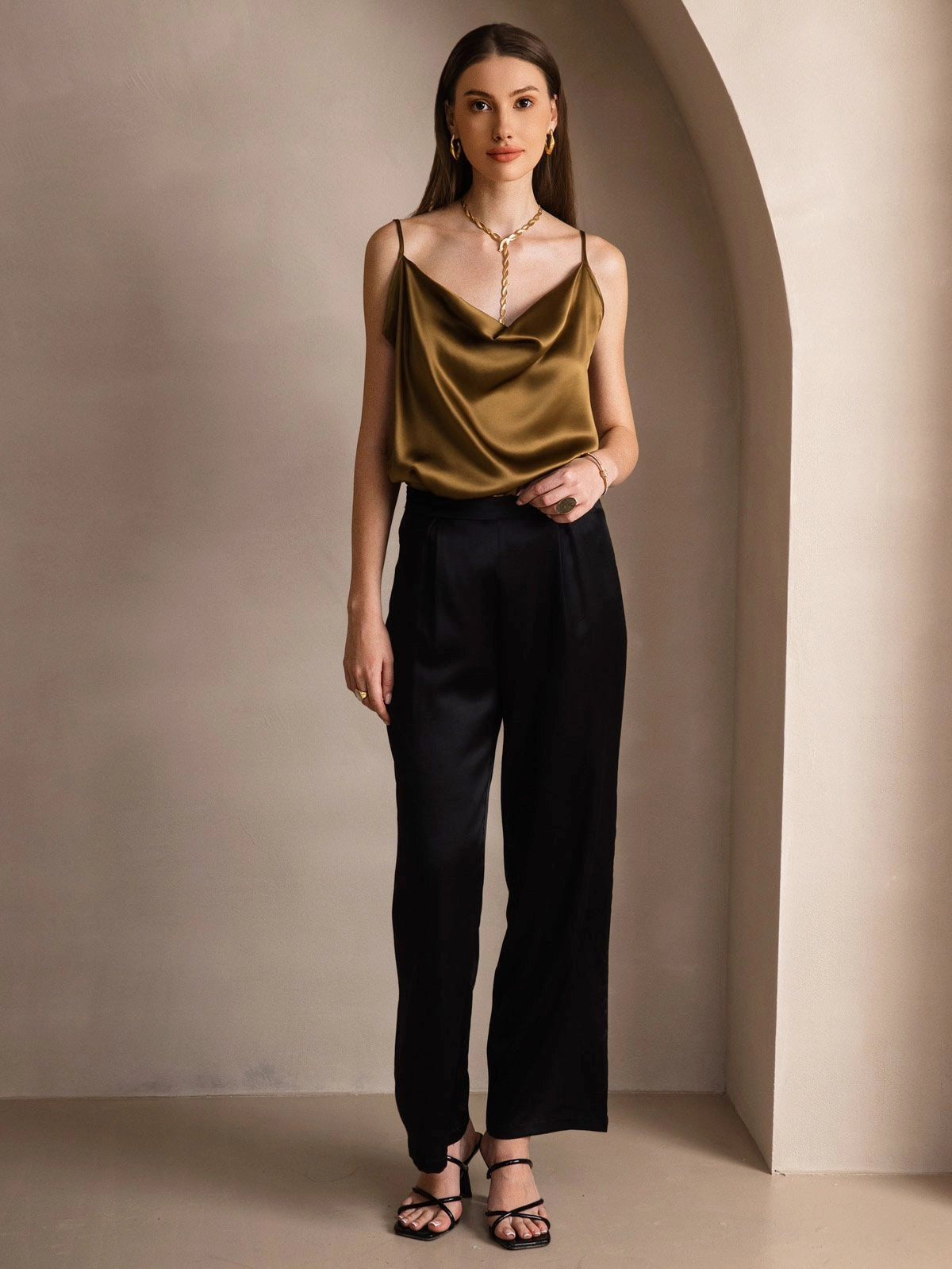 19Momme Silk Cowl Neck Spaghetti Strap Camisole Top