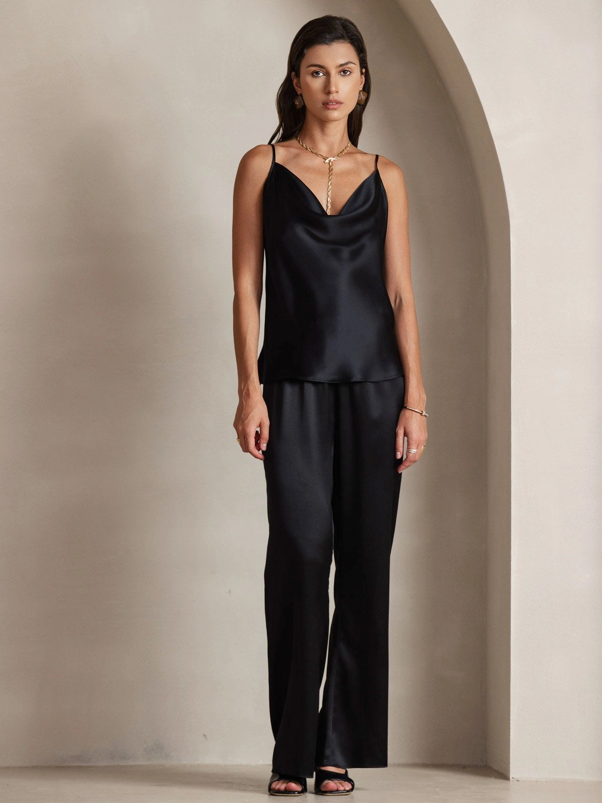 19Momme Silk Cowl Neck Spaghetti Strap Camisole Top