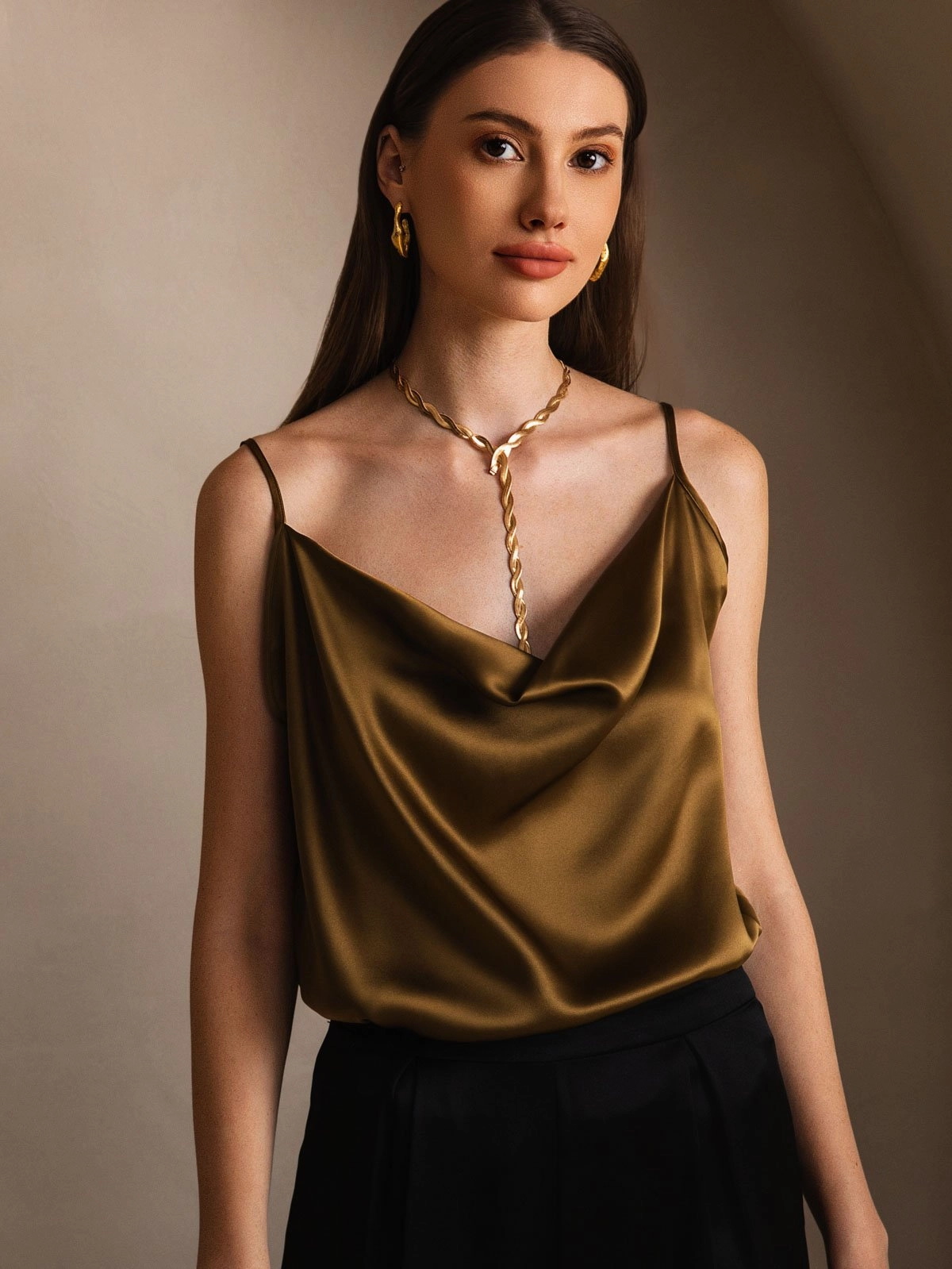 19Momme Silk Cowl Neck Spaghetti Strap Camisole Top