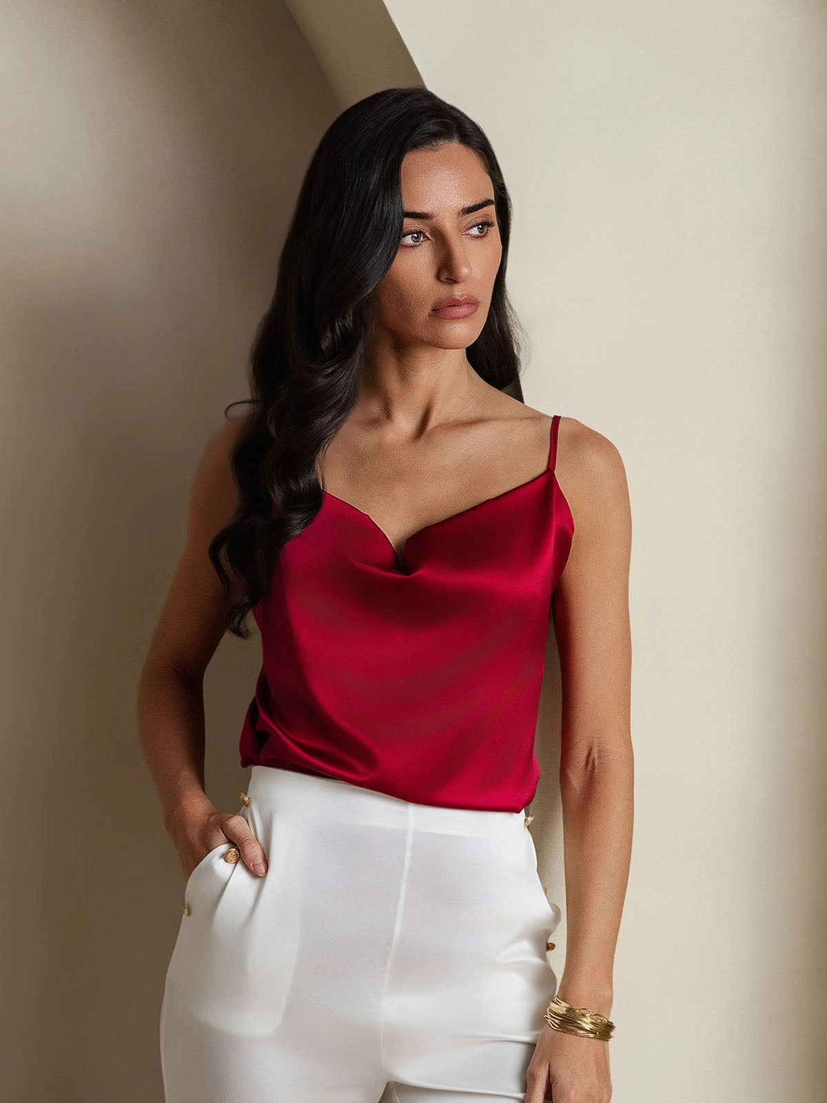 19Momme Silk Cowl Neck Spaghetti Strap Camisole Top