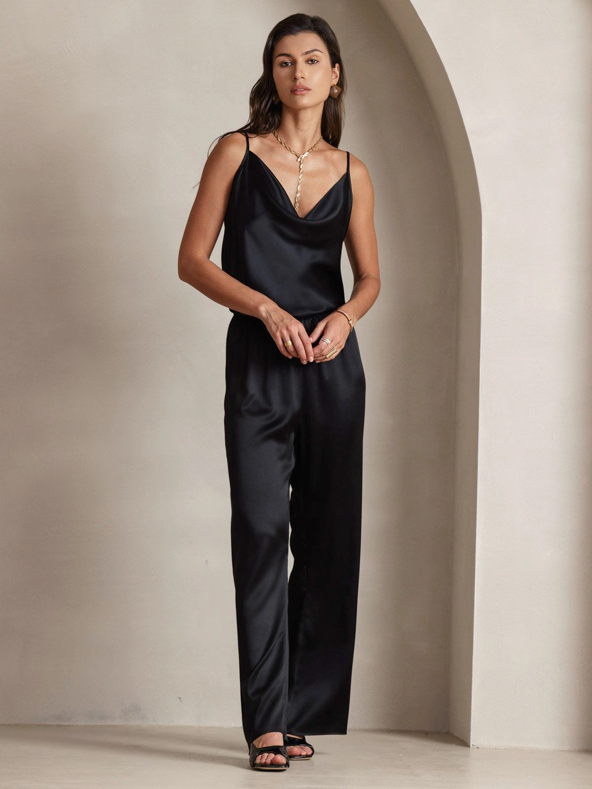 19Momme Silk Cowl Neck Spaghetti Strap Camisole Top