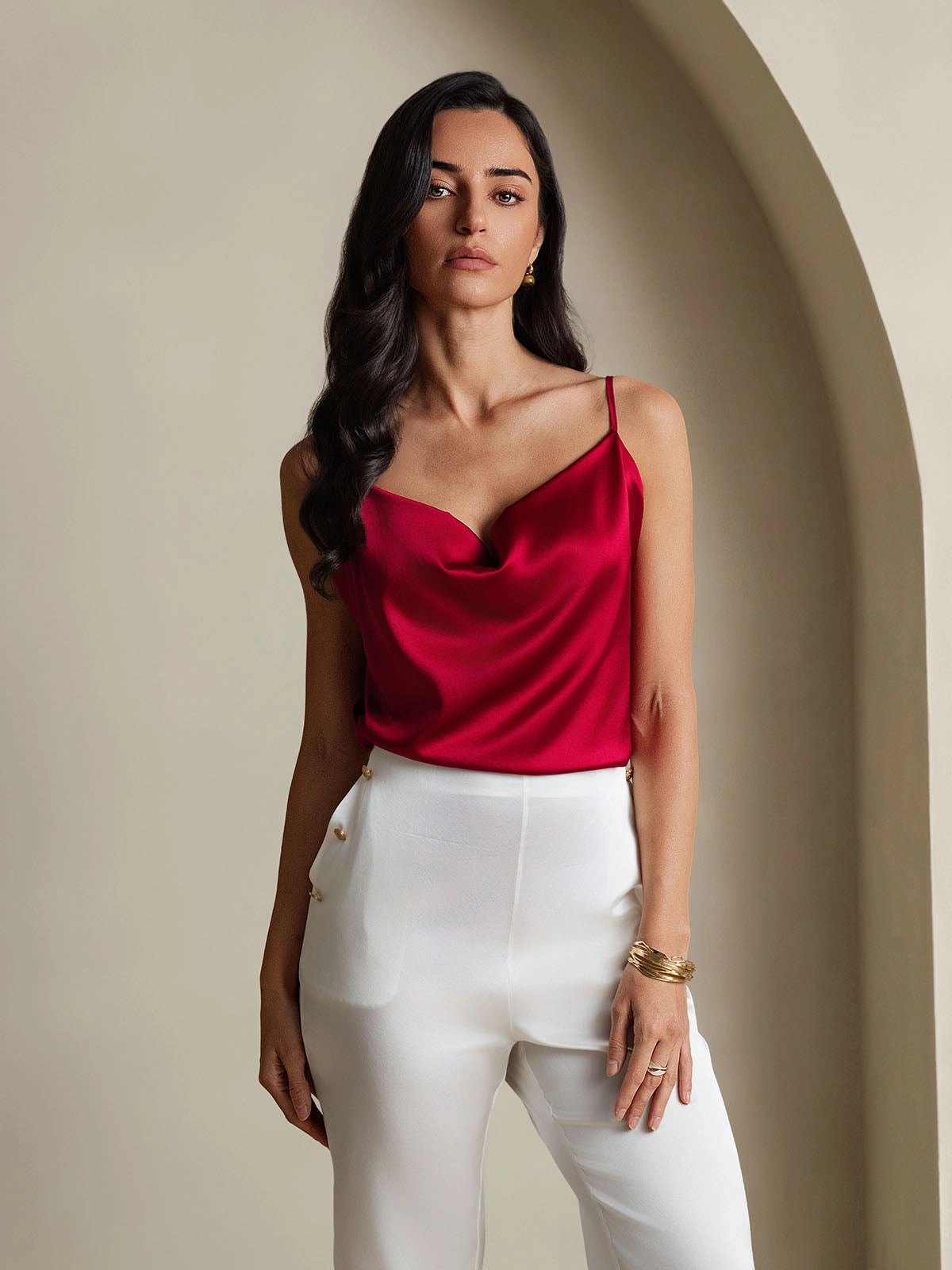 19Momme Silk Cowl Neck Spaghetti Strap Camisole Top