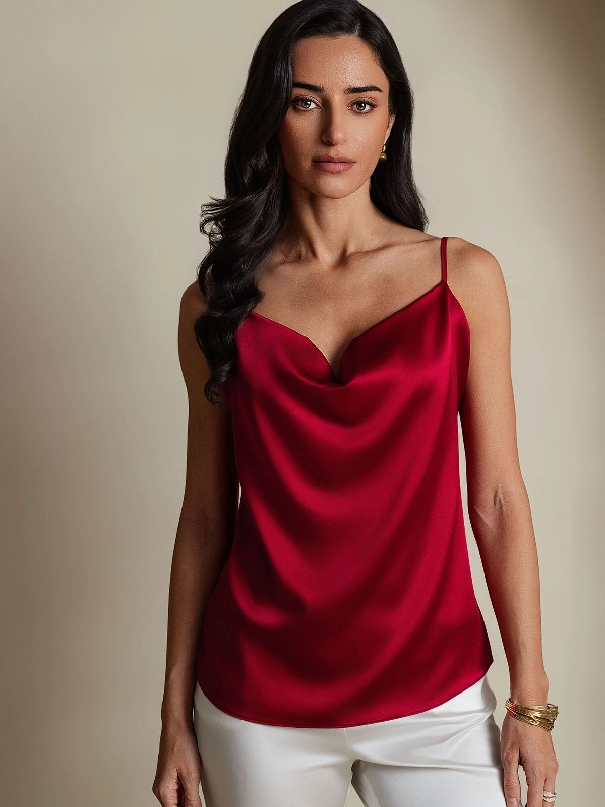 19Momme Silk Cowl Neck Spaghetti Strap Camisole Top