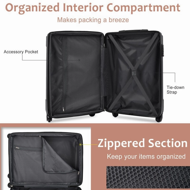 3 Pcs Luggage Sets Spinner Suitcase with TSA Lock Lightweight, Black