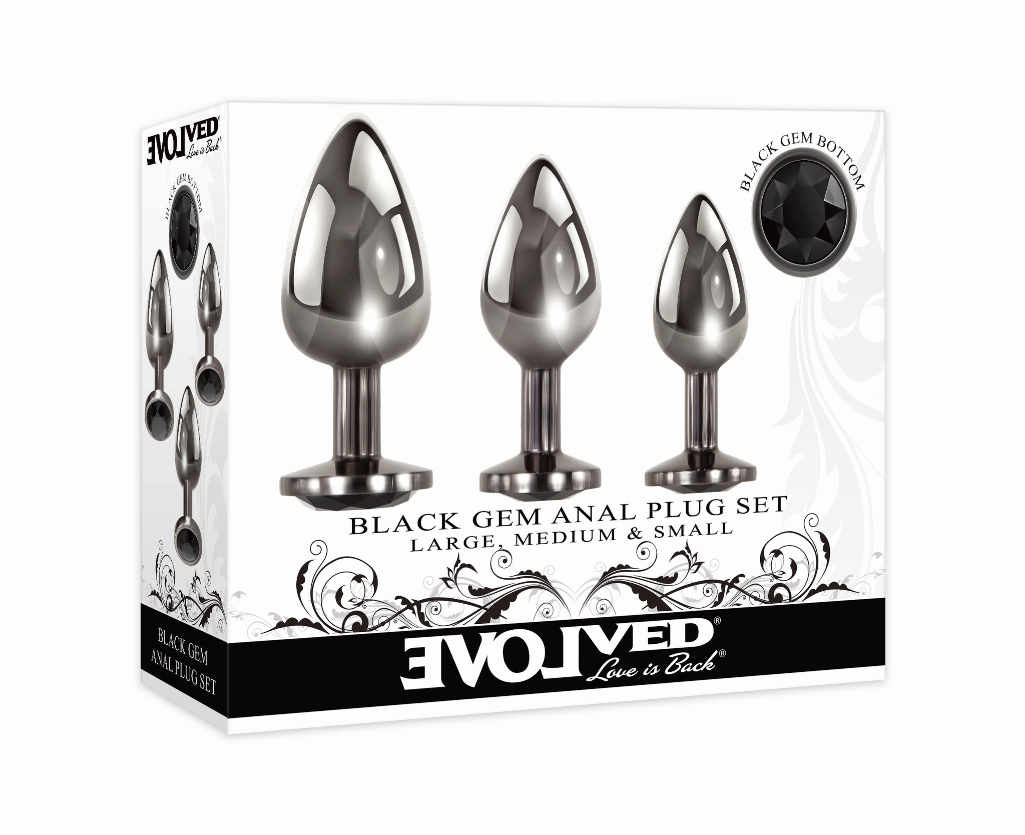 3-Piece Black Gemstone Metal Butt Plug Set