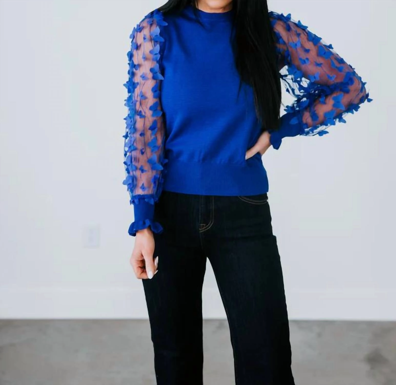 3D Butterfly Mesh Sweater Top In Royal Blue