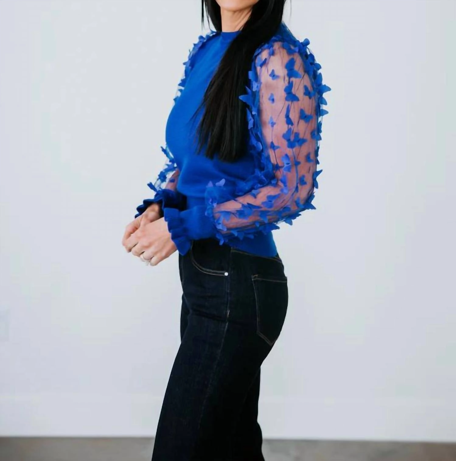 3D Butterfly Mesh Sweater Top In Royal Blue