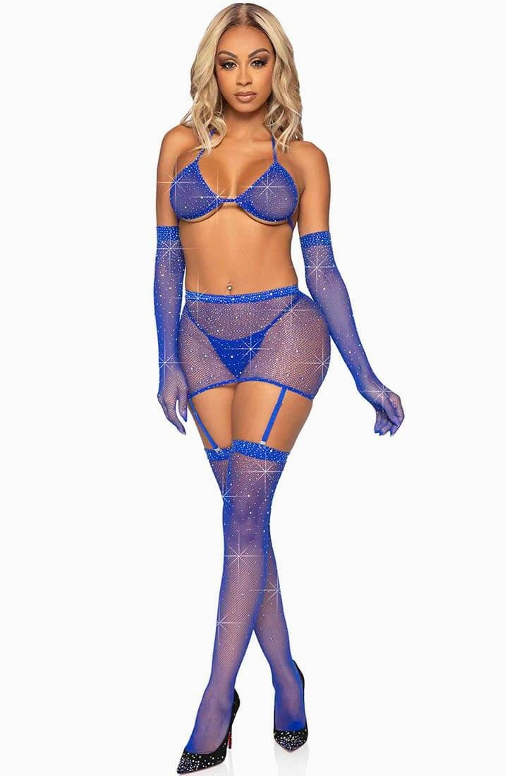 Blue rhinestone fishnet lingerie - Blue Passion