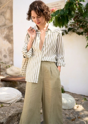 CHLOE - Pleated Wide-Leg Pants with Elasticated Waist | 100% Linen (SOFT ALMOND)