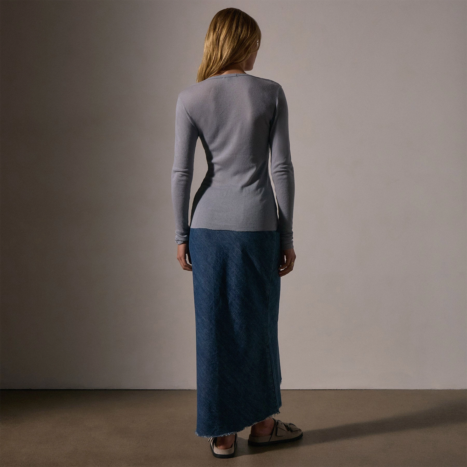 Cotton Cashmere Blend Ribbed Henley - Grey Sky