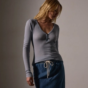 Cotton Cashmere Blend Ribbed Henley - Grey Sky