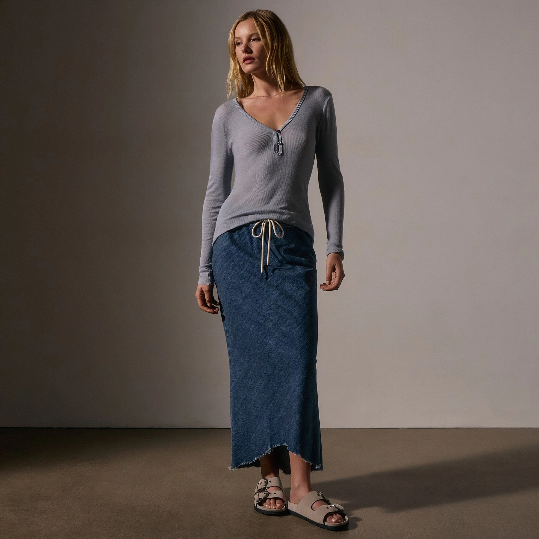 Cotton Cashmere Blend Ribbed Henley - Grey Sky
