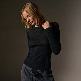 Cotton Cashmere Blend Ribbed Long Sleeve Crew - Black