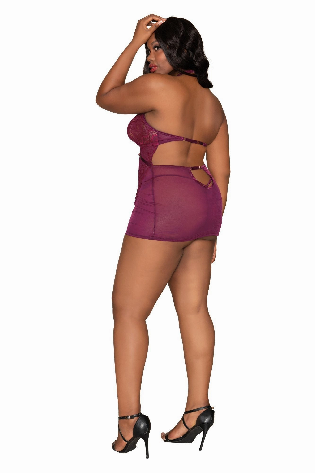 Dreamgirl Plus Size Contemporary Lace & Mesh Chemise Set with Halter Neckline