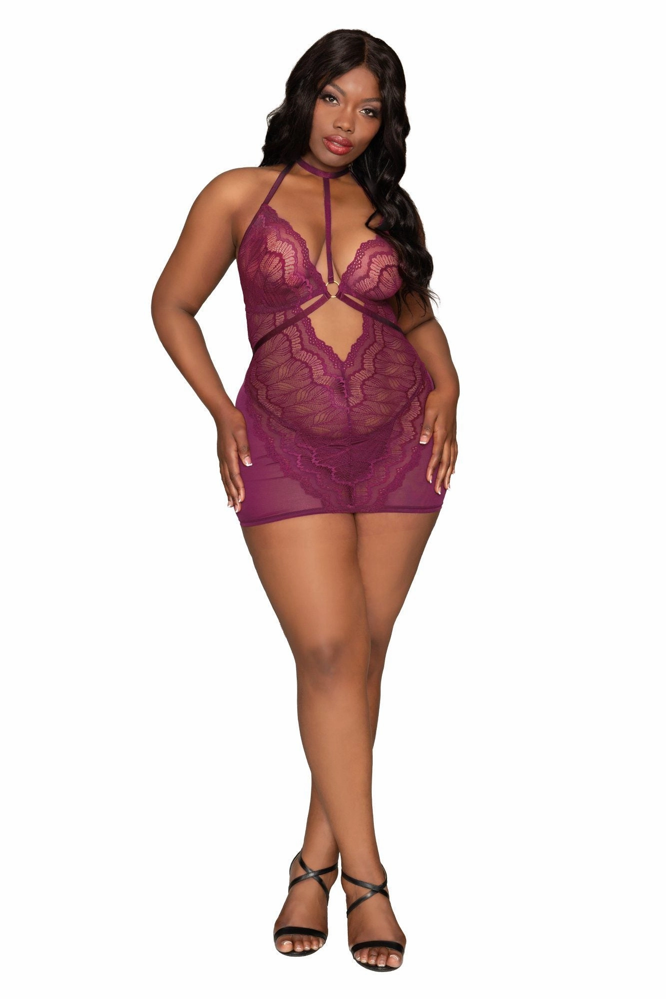 Dreamgirl Plus Size Contemporary Lace & Mesh Chemise Set with Halter Neckline