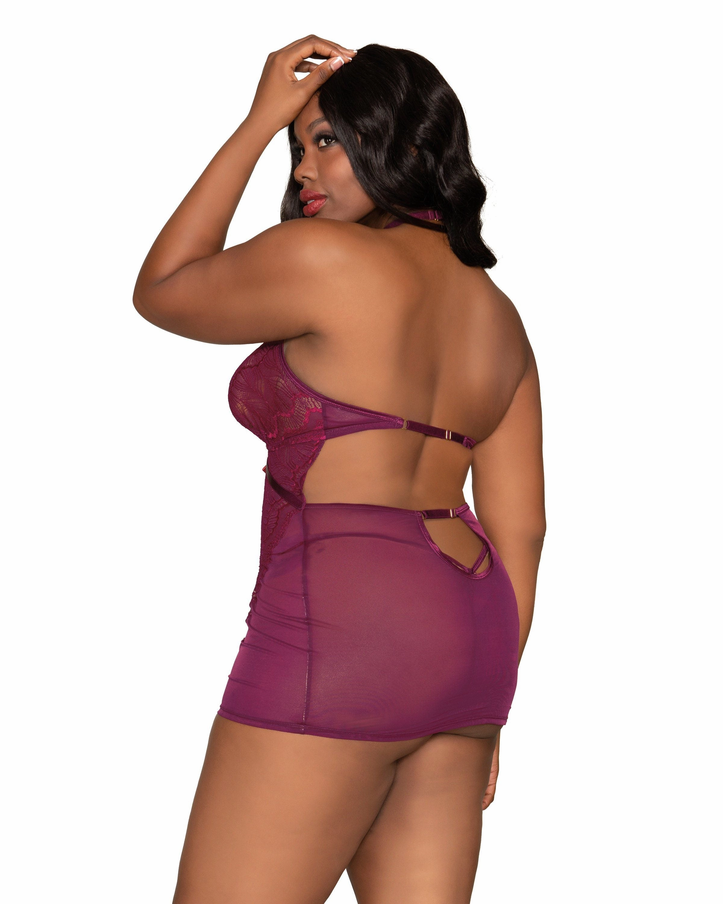 Dreamgirl Plus Size Contemporary Lace & Mesh Chemise Set with Halter Neckline