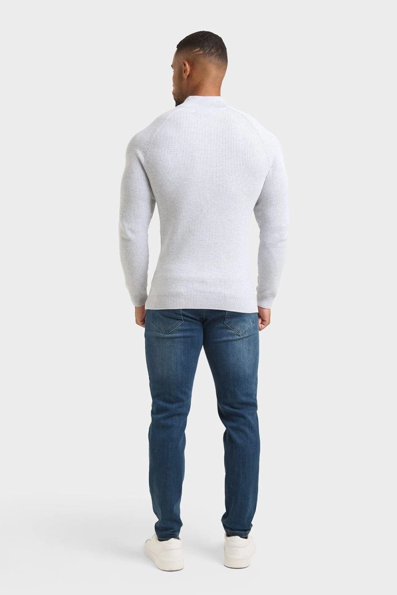 Fisherman Textured Half Zip Neck in Soft Grey Marl