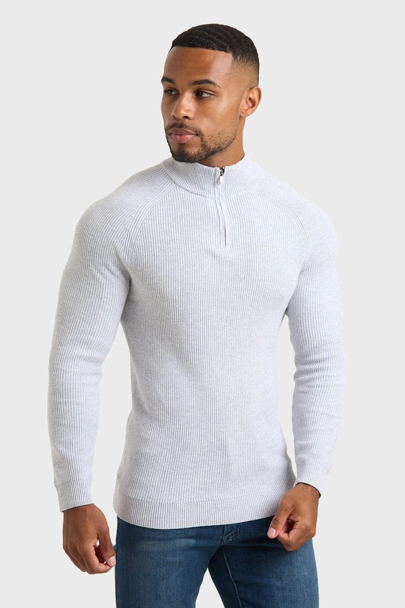 Fisherman Textured Half Zip Neck in Soft Grey Marl
