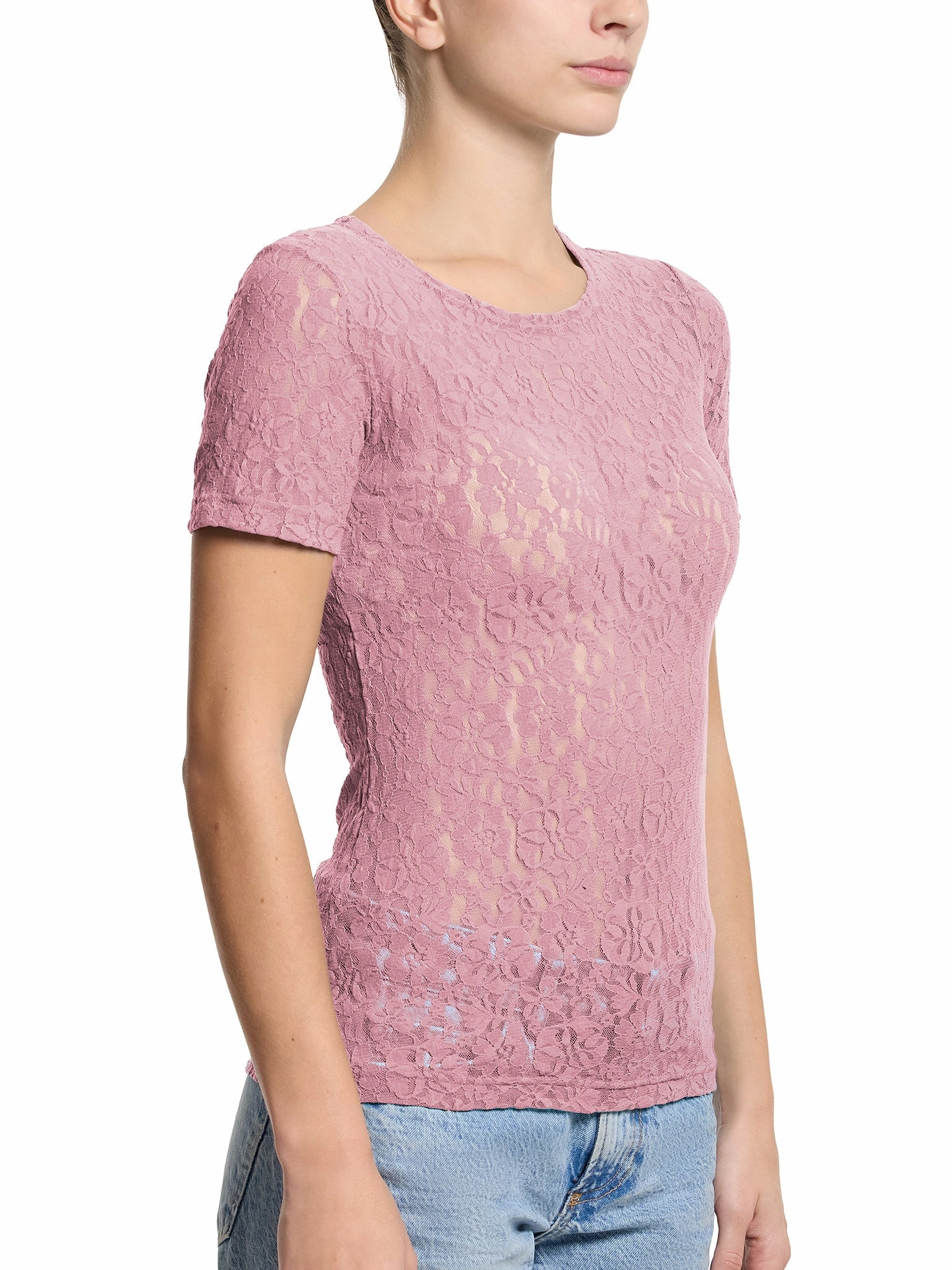 Flora Lace Short Sleeve Top Mauve Orchid Pink