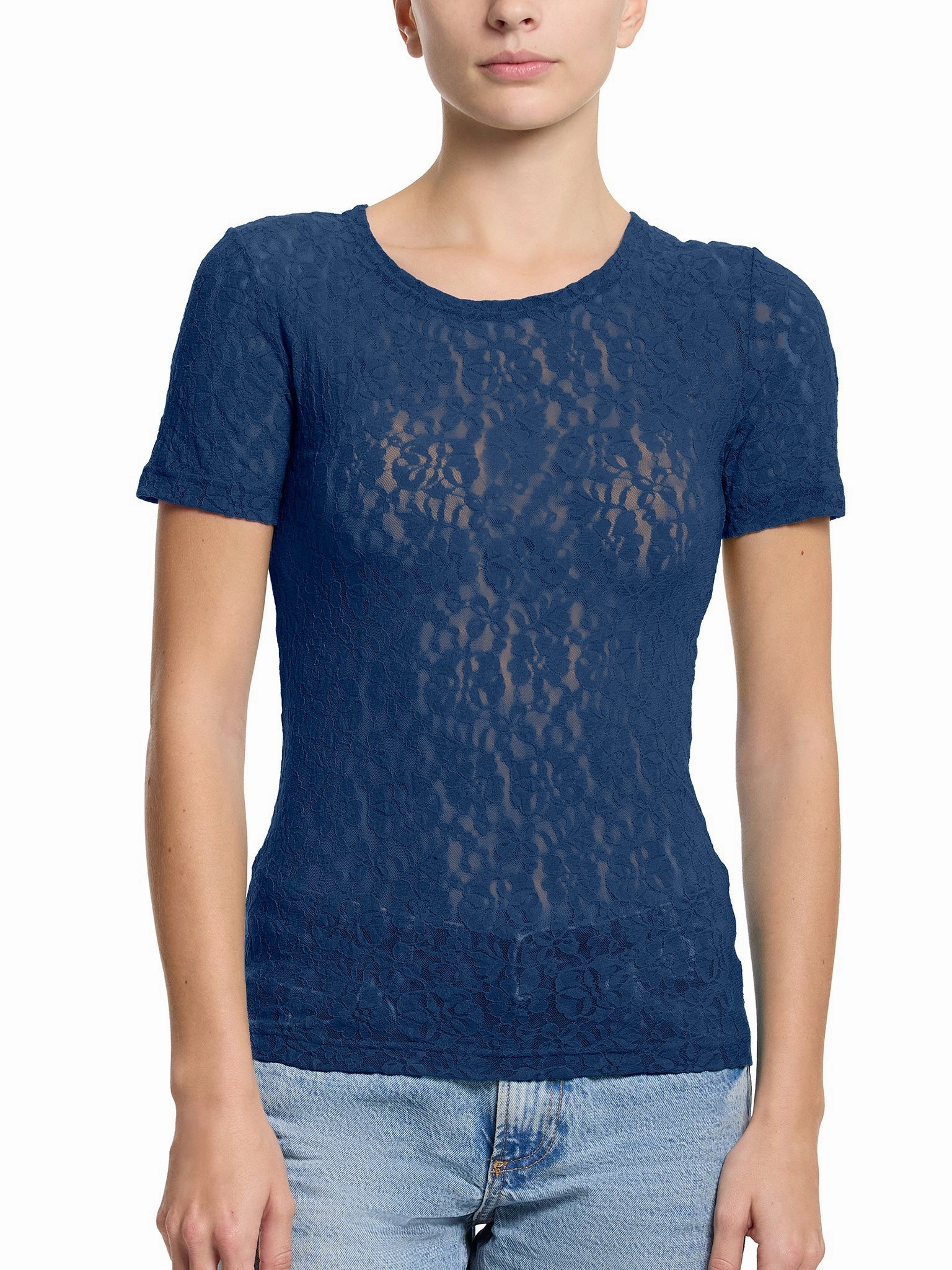 Flora Lace Short Sleeve Top Night Owl Blue