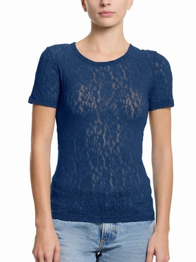 Flora Lace Short Sleeve Top Night Owl Blue