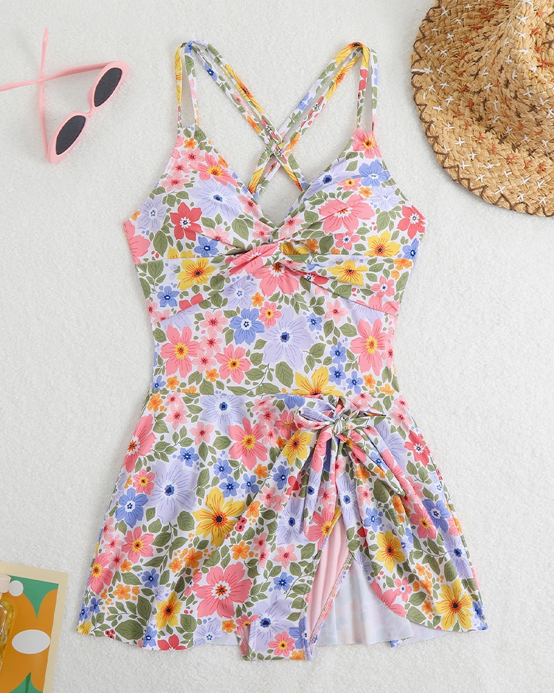 Floral Print Side Drawstring Swim Dress