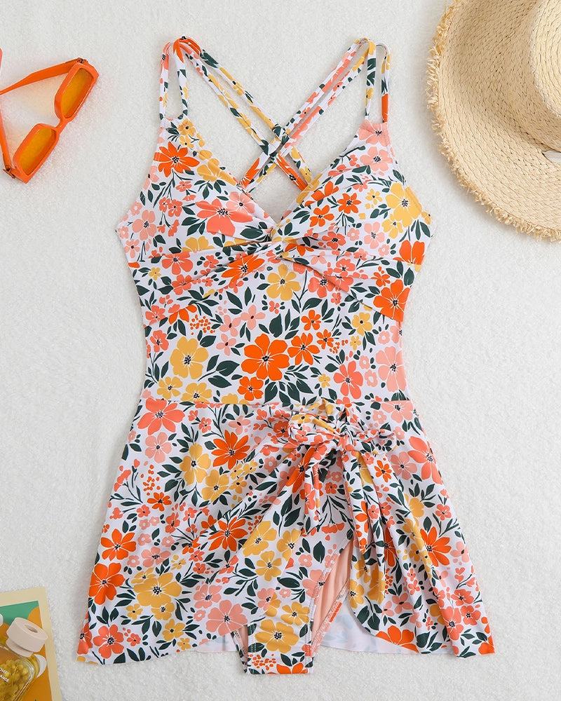 Floral Print Side Drawstring Swim Dress
