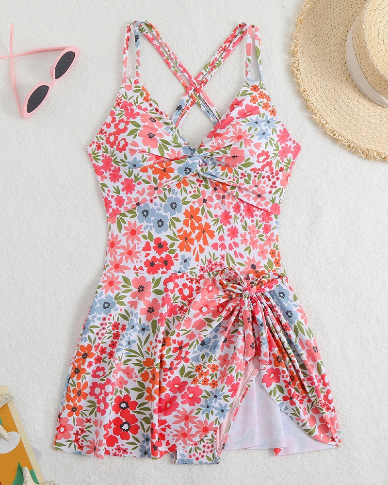 Floral Print Side Drawstring Swim Dress