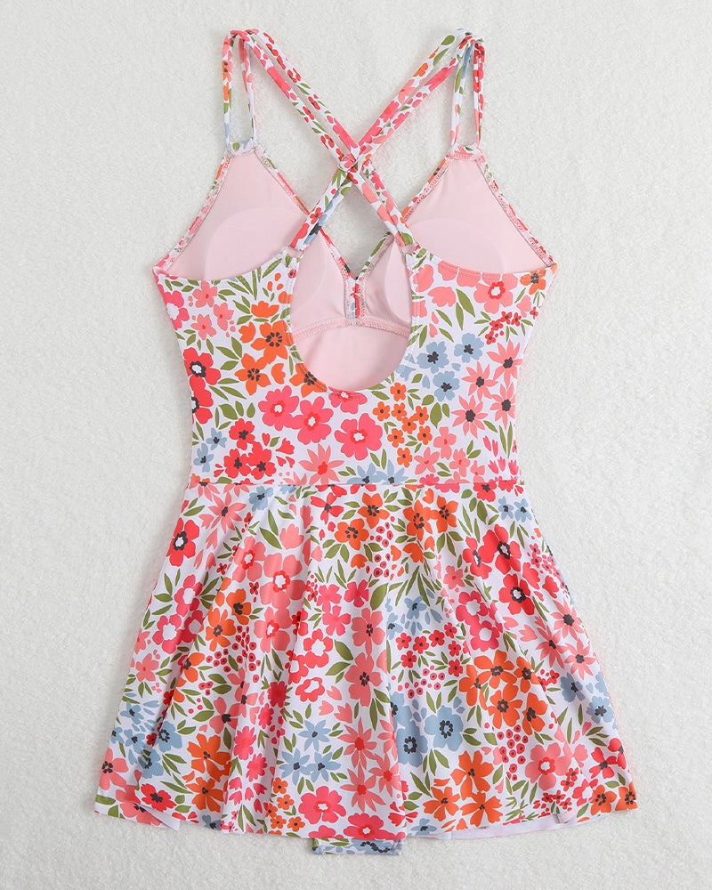 Floral Print Side Drawstring Swim Dress