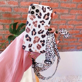 For iPhone 13 Leopard Print TPU Straight Edge Phone Case with Lanyard