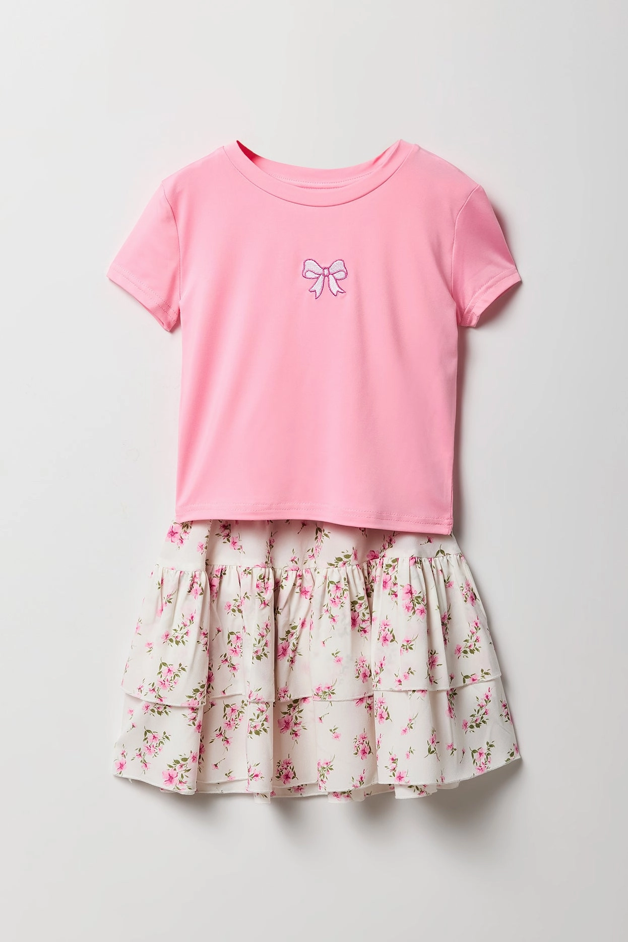 Girls Embroidered T-Shirt & Tiered Skirt 2 Piece Set
