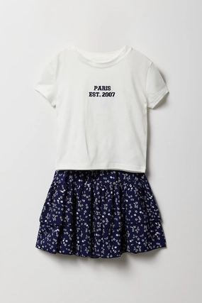 Girls Embroidered T-Shirt & Tiered Skirt 2 Piece Set