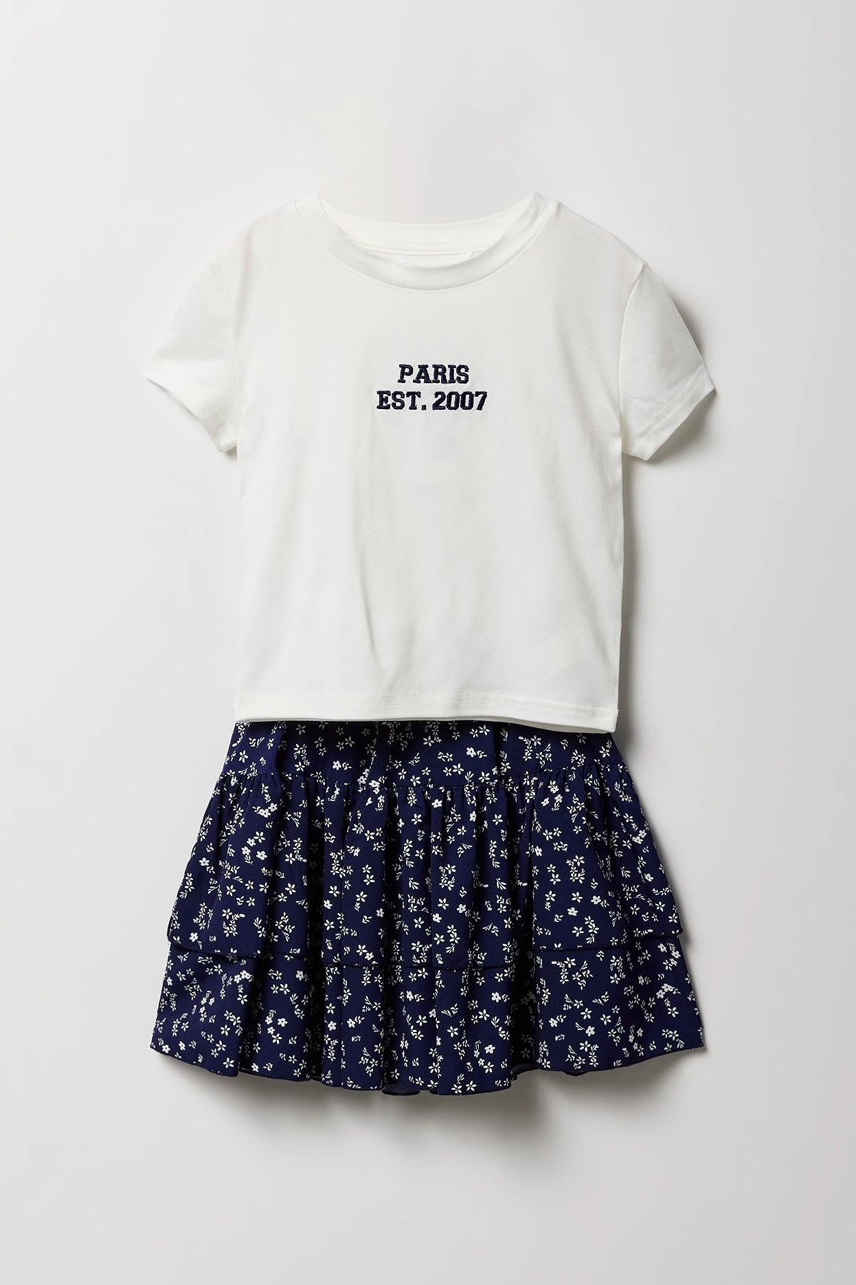 Girls Embroidered T-Shirt & Tiered Skirt 2 Piece Set