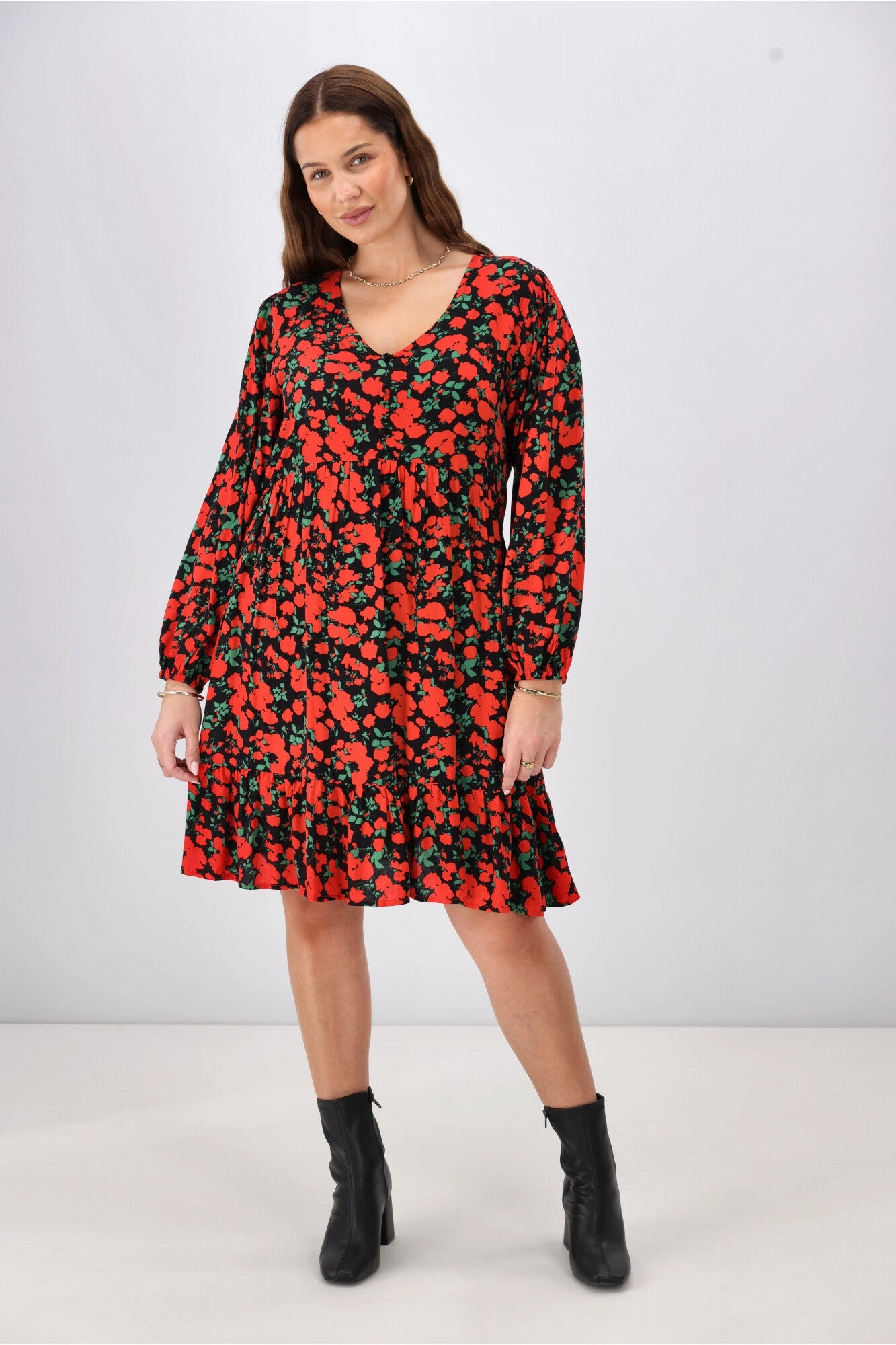 Gloss The Label Dakota V Neck Midi Dress Red Floral