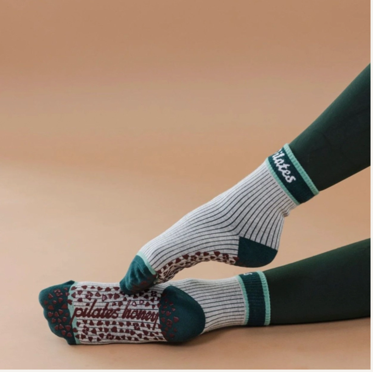 Green Stripe Pilates Shorty Crew - Crew Grip Sock (Barre / Pilates)