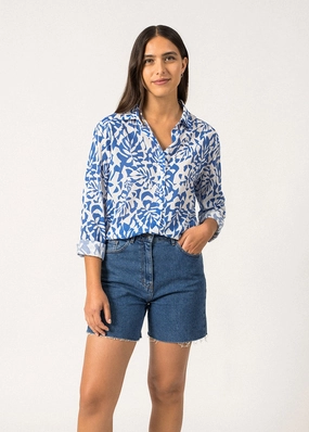 JEANNE - Shirt with Floral Motifs for Women | Light Cotton  (WHITE / MER BLUE)