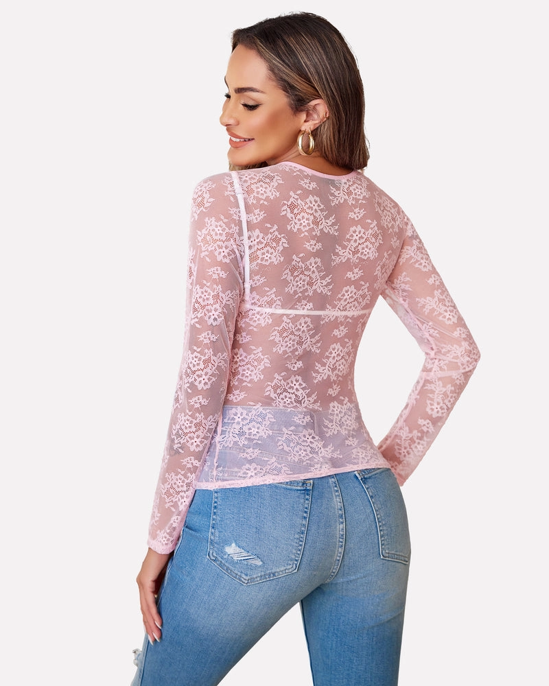 Lace Mesh Top Long Sleeve Sheer Blouse