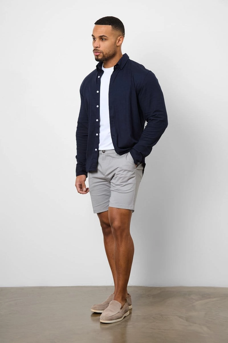 Linen Blend Button Through Shirt in Navy