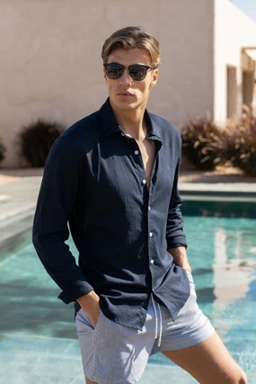Linen Blend Button Through Shirt in Navy