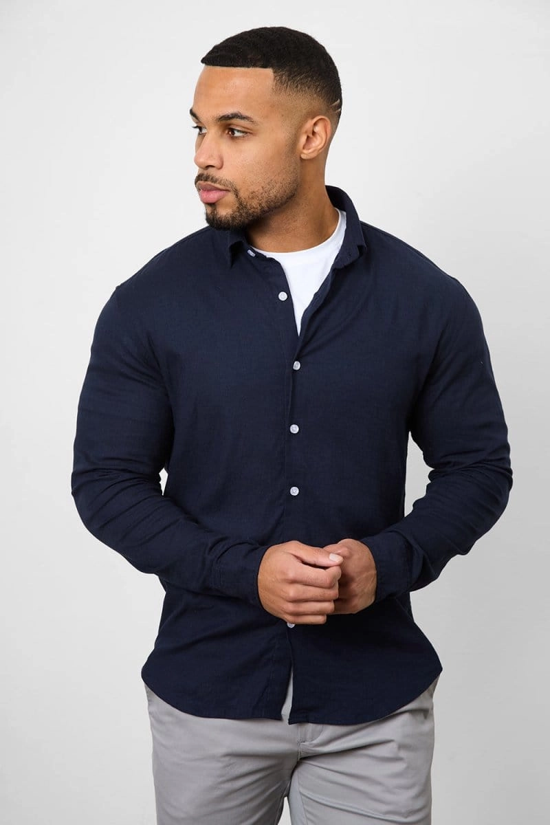 Linen Blend Button Through Shirt in Navy